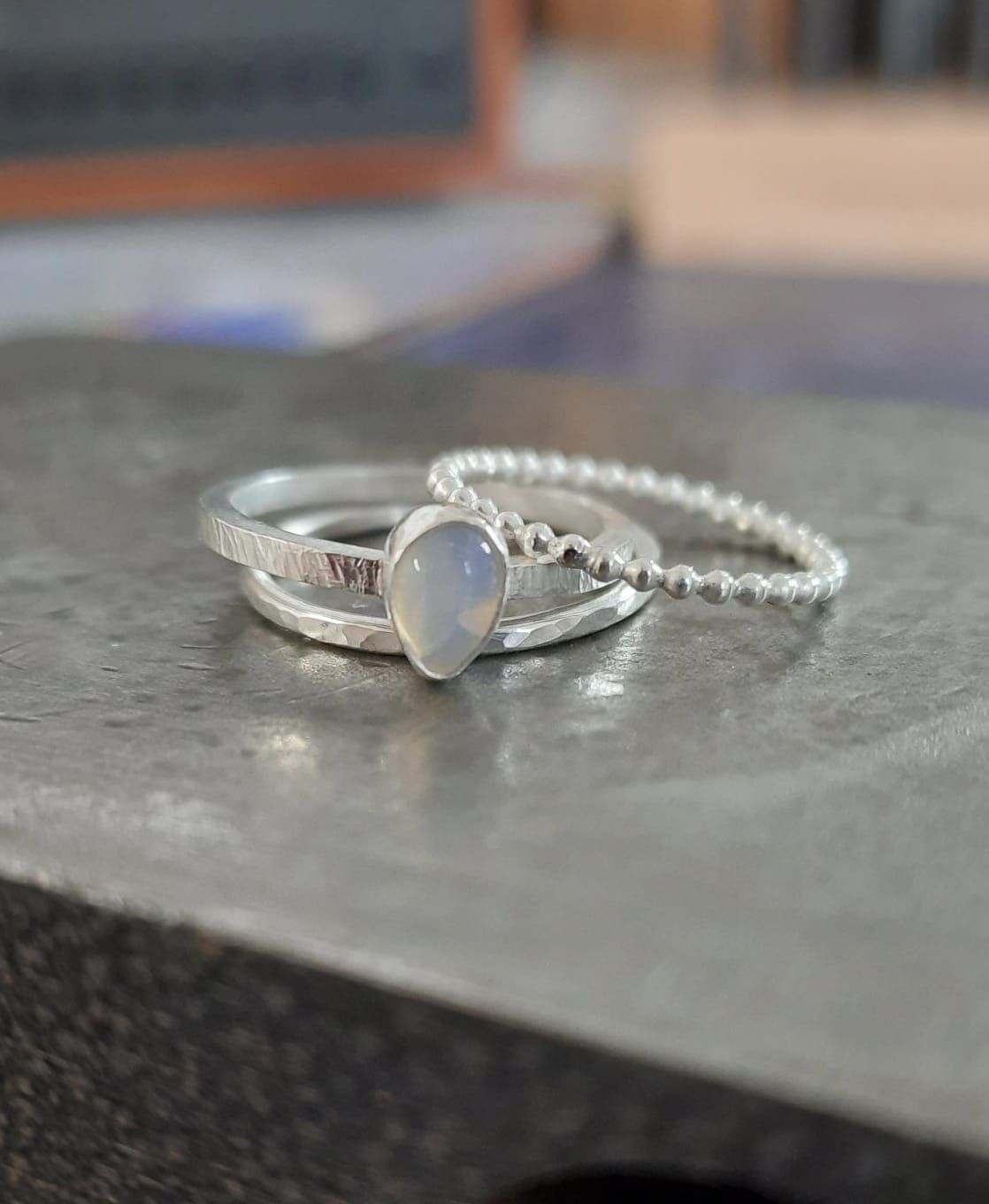 Silver stacking rings with a gem workshop \u00a370