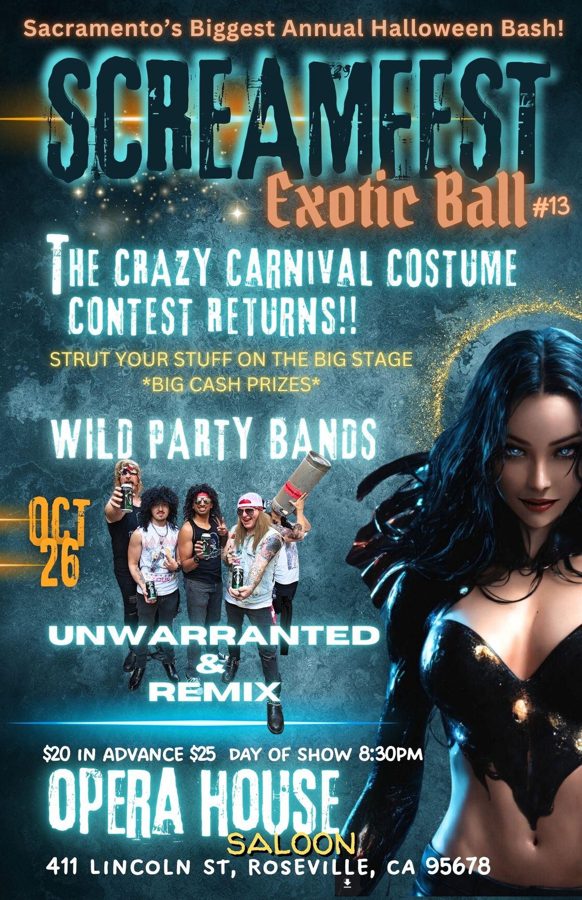 SCREAMFEST EXOTIC BALL #13 - Giant Costume Contest - Wild Party Bands - Unwarranted & Remix!   