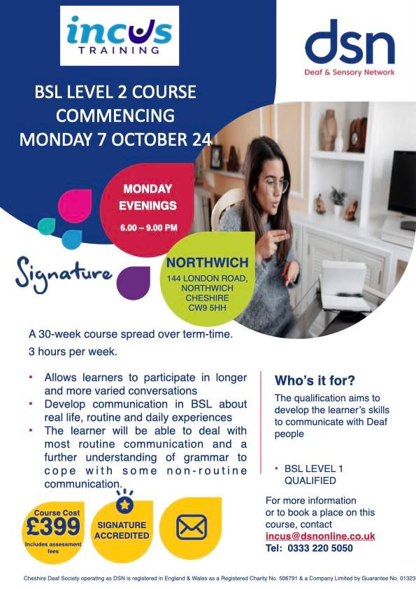 BSL Level 2 Course: Northwich Monday Evenings