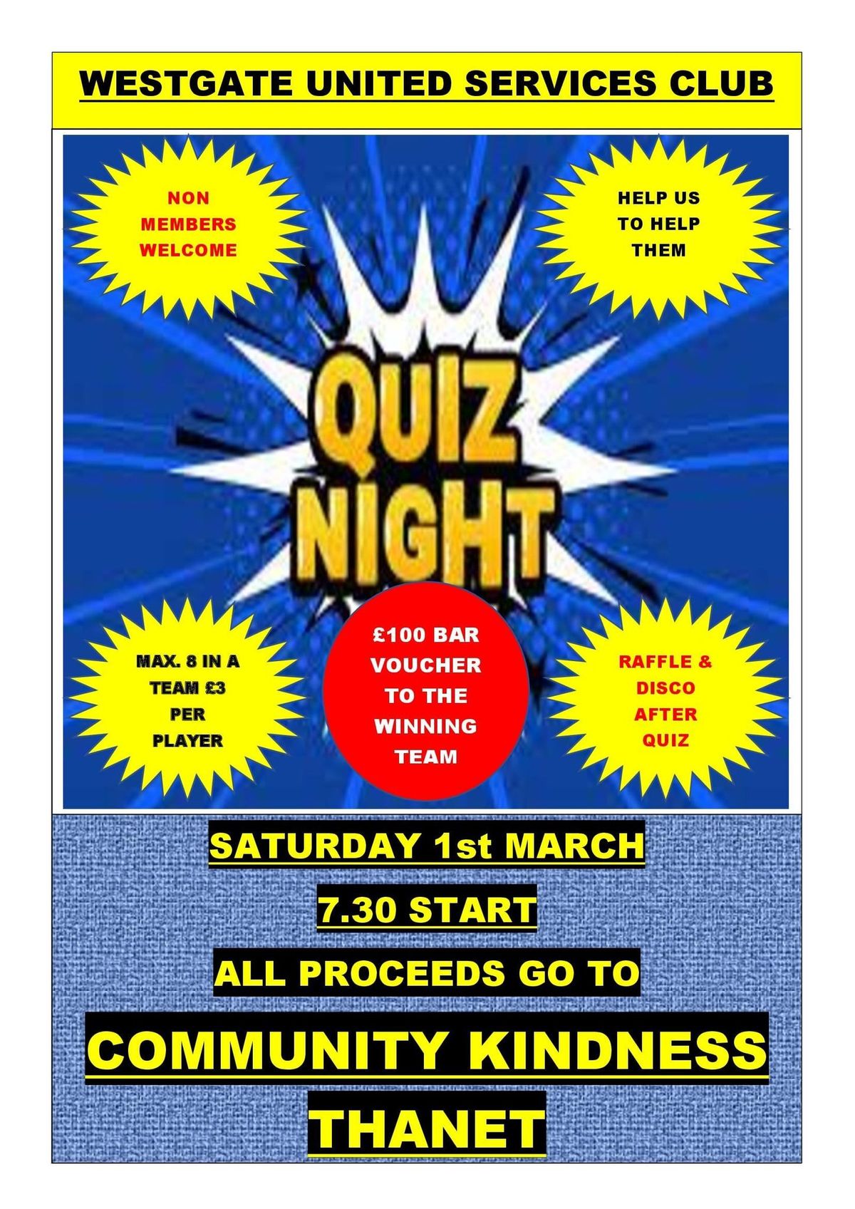 WESTGATE UNITED SERVICES CLUB QUIZ NIGHT IN AID OF COMMUNITY KINDNESS THANET