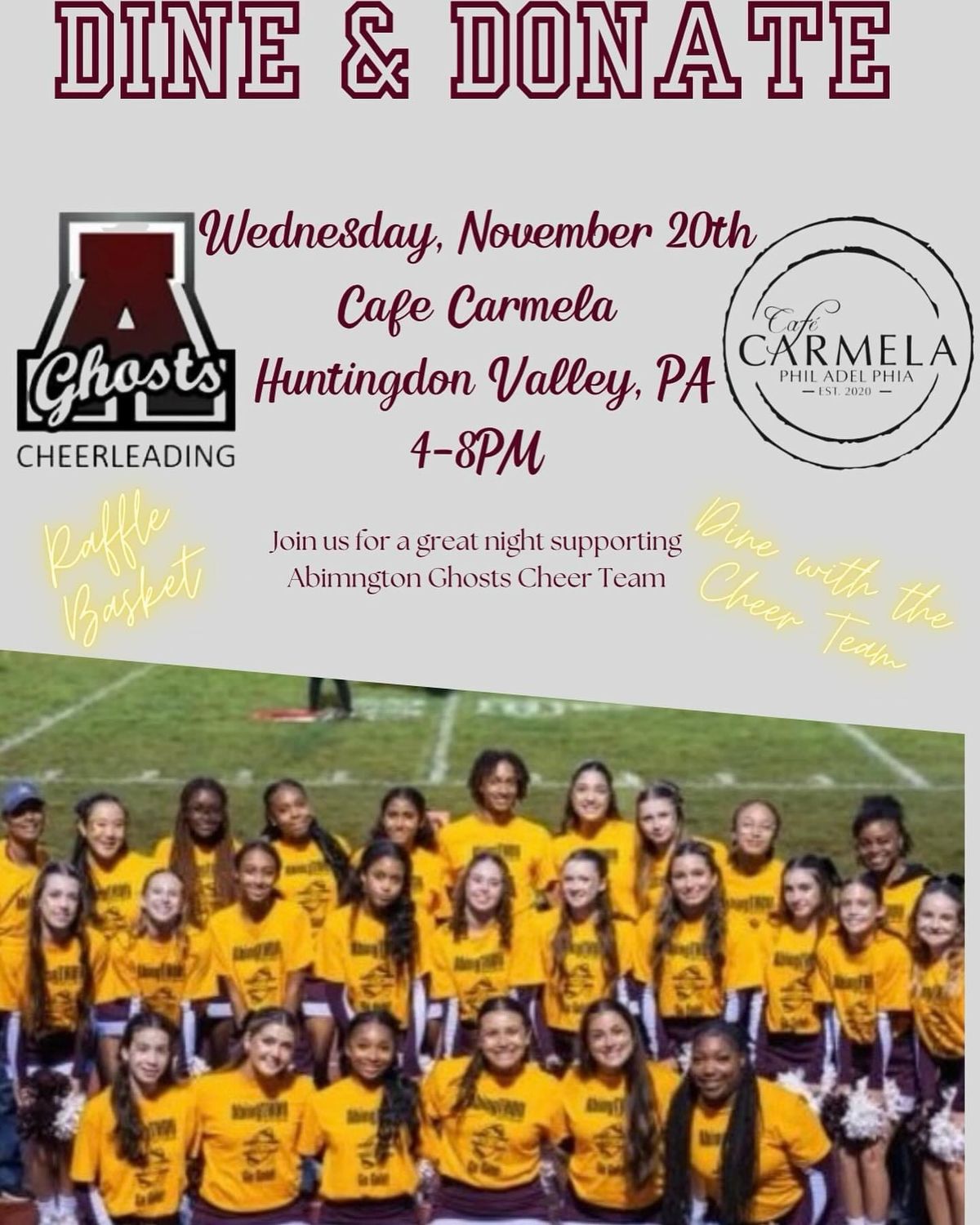 DINE AND DONATE at Cafe Carmela supporting Abington High School Cheerleaders!