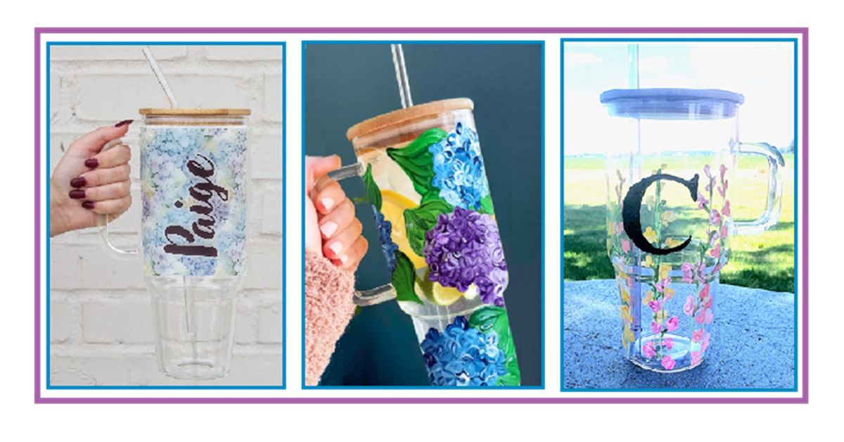 Personalized Floral Glass Tumbler Paint Party