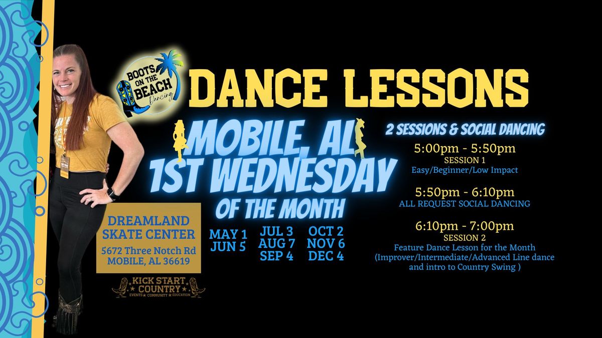 Line Dance Lessons first Wednesday of the month at Dreamland Skate Center in Mobile, AL
