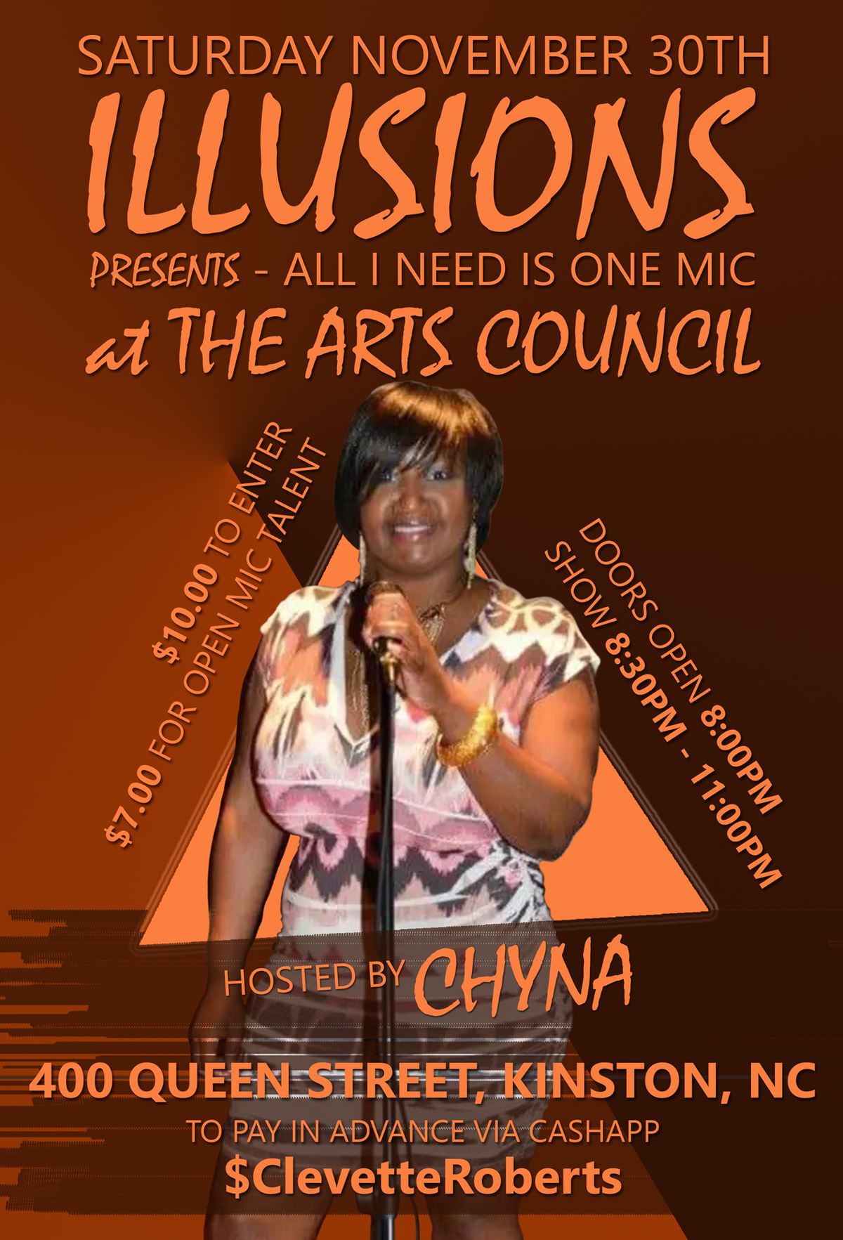 Illusions Open Mic Night on Saturday, November 30th hosted by Chyna