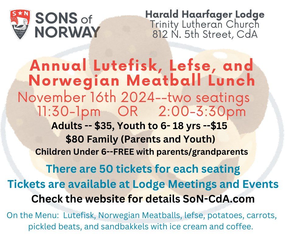 Sons of Norway Annual Lutefisk, Lefse, and Norwegian Meatball Lunch