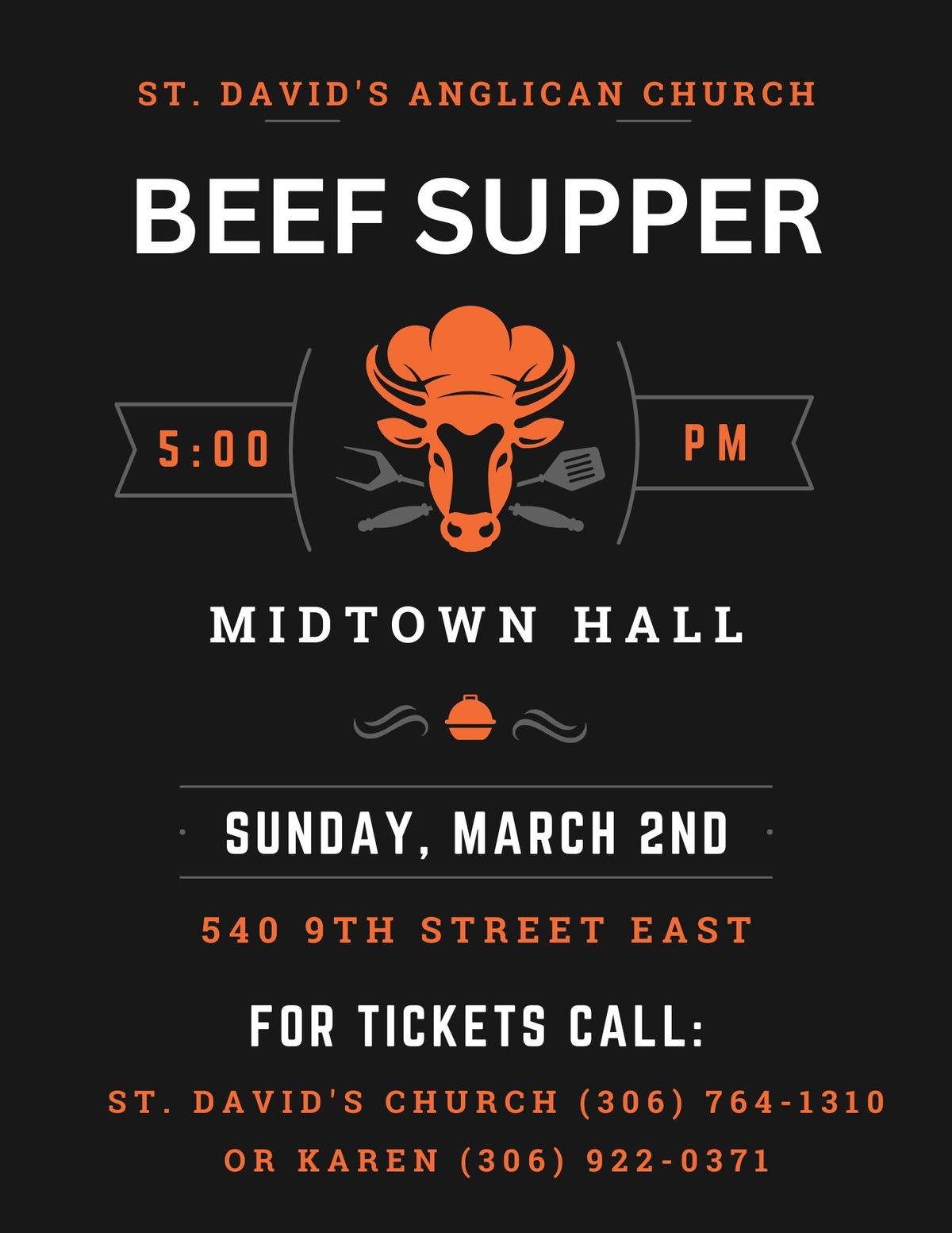 St. David's Anglican Church Beef Supper at Midtown Hall, March 2nd 5:00 p.m.