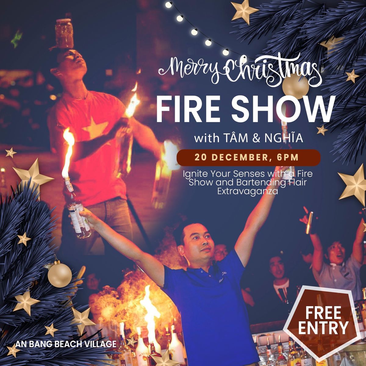 A adazzling fire show \ud83d\udd25 and bartending flair extravaganza \u2728 by the talented artists T\u00e2m and Ngh\u0129a