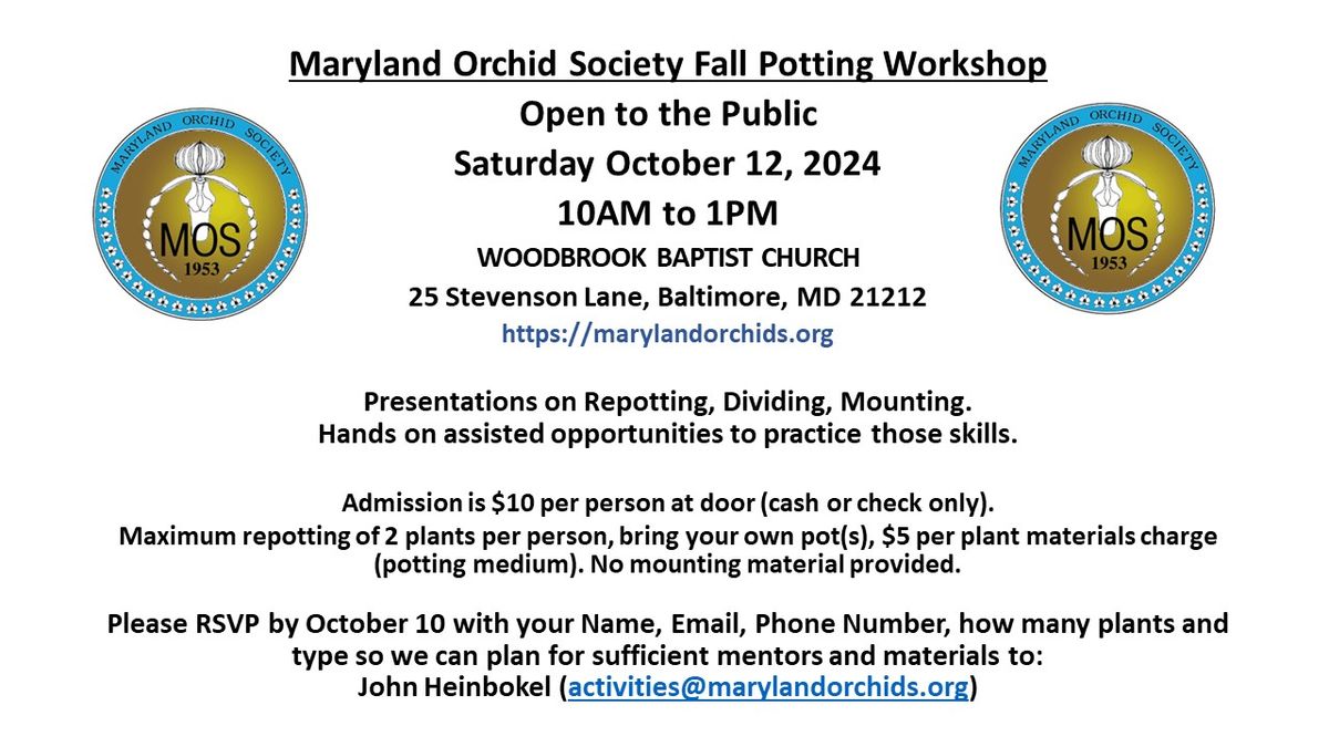 Maryland Orchid Society Fall Potting Workshop Open to the Public