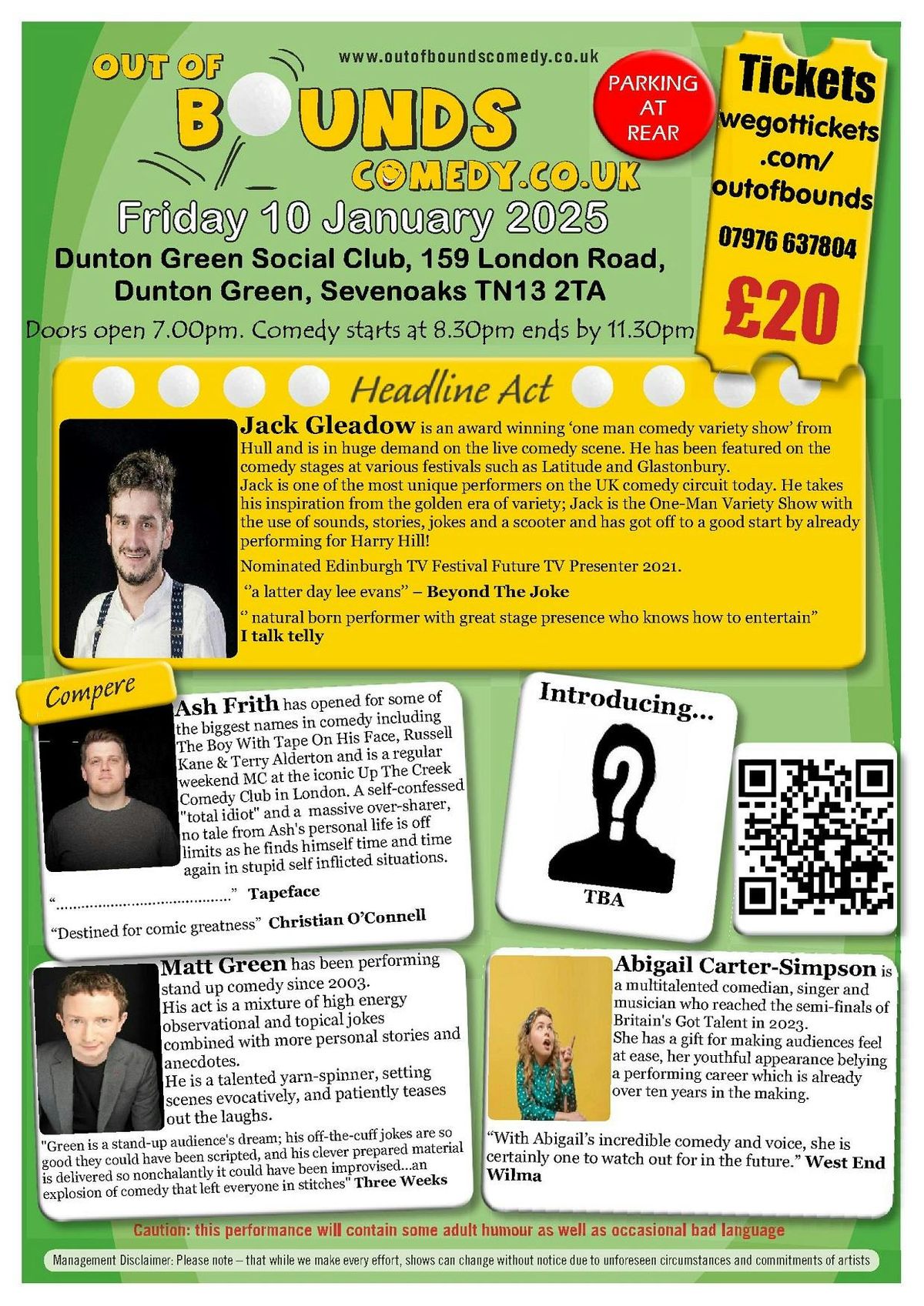 Out of Bounds Comedy Club Sevenoaks with Jack Gleadow + MORE