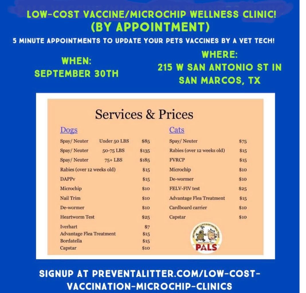 PALS Low-Cost Vaccine\/Microchip wellness clinic (BY APPOINTMENT ONLY) 