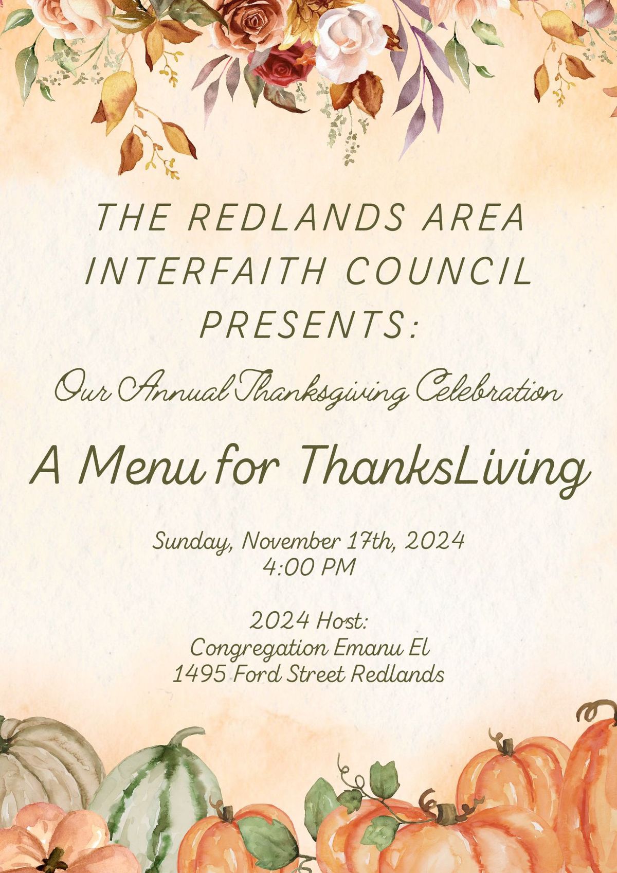 The Redlands Area Interfaith Council 15th Annual Thanksgiving Celebration \u201cA Menu for ThanksLiving\u201d