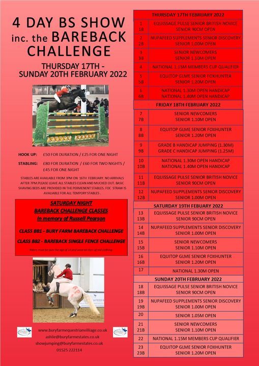 Bury Farm 4 Day BS Show inc. the Bareback Challenge, Thursday 17th - Sunday 20th Feb 2022