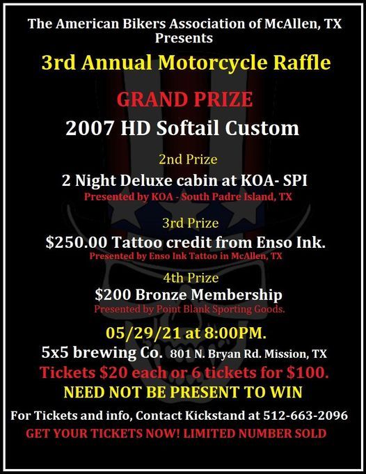 ABA Motorcycle Raffle, 5x5 Brewing Co., Mission, 29 May to 1 June