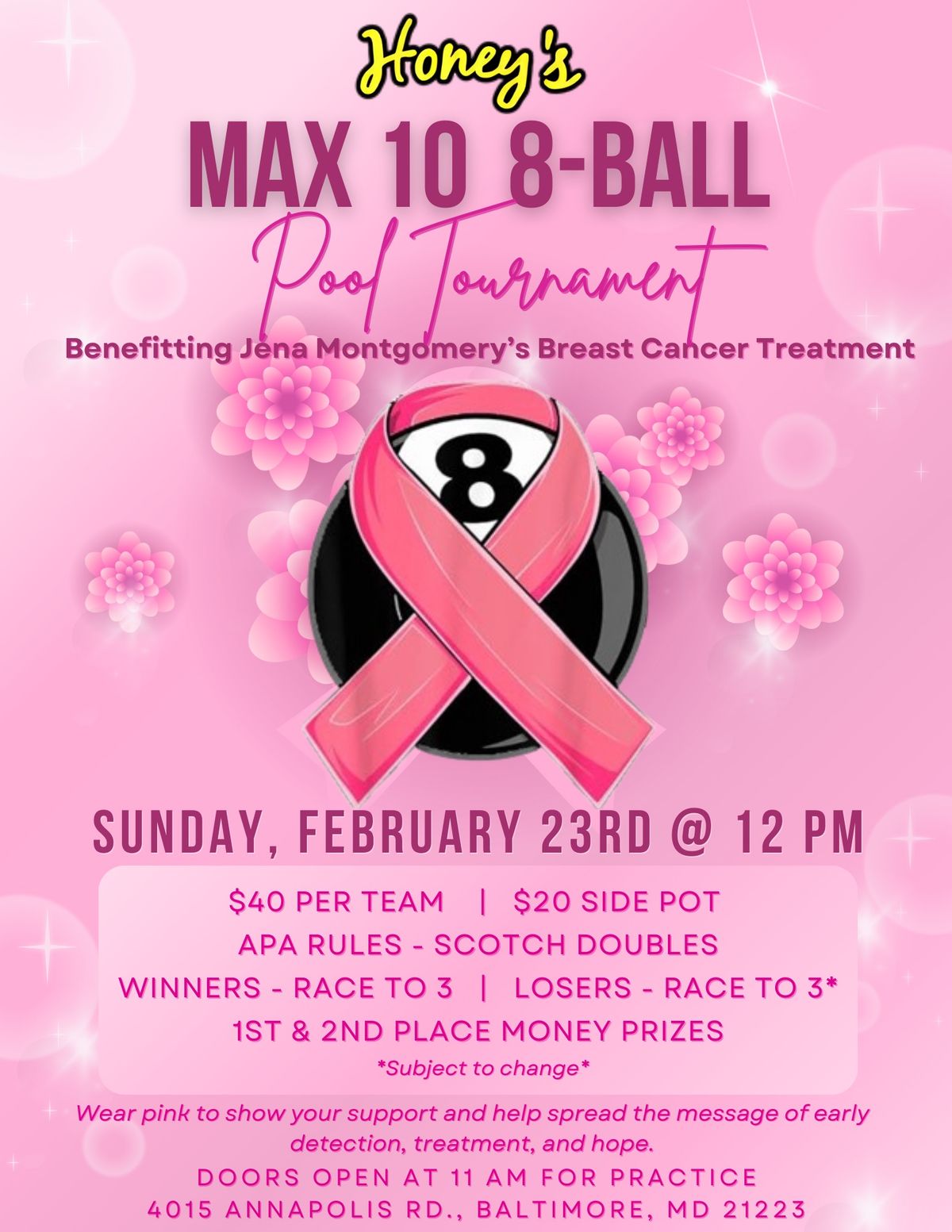 Max 10 8-Ball Pool Tournament (Benefitting Jena Montgomery\u2019s Breast Cancer Treatment)