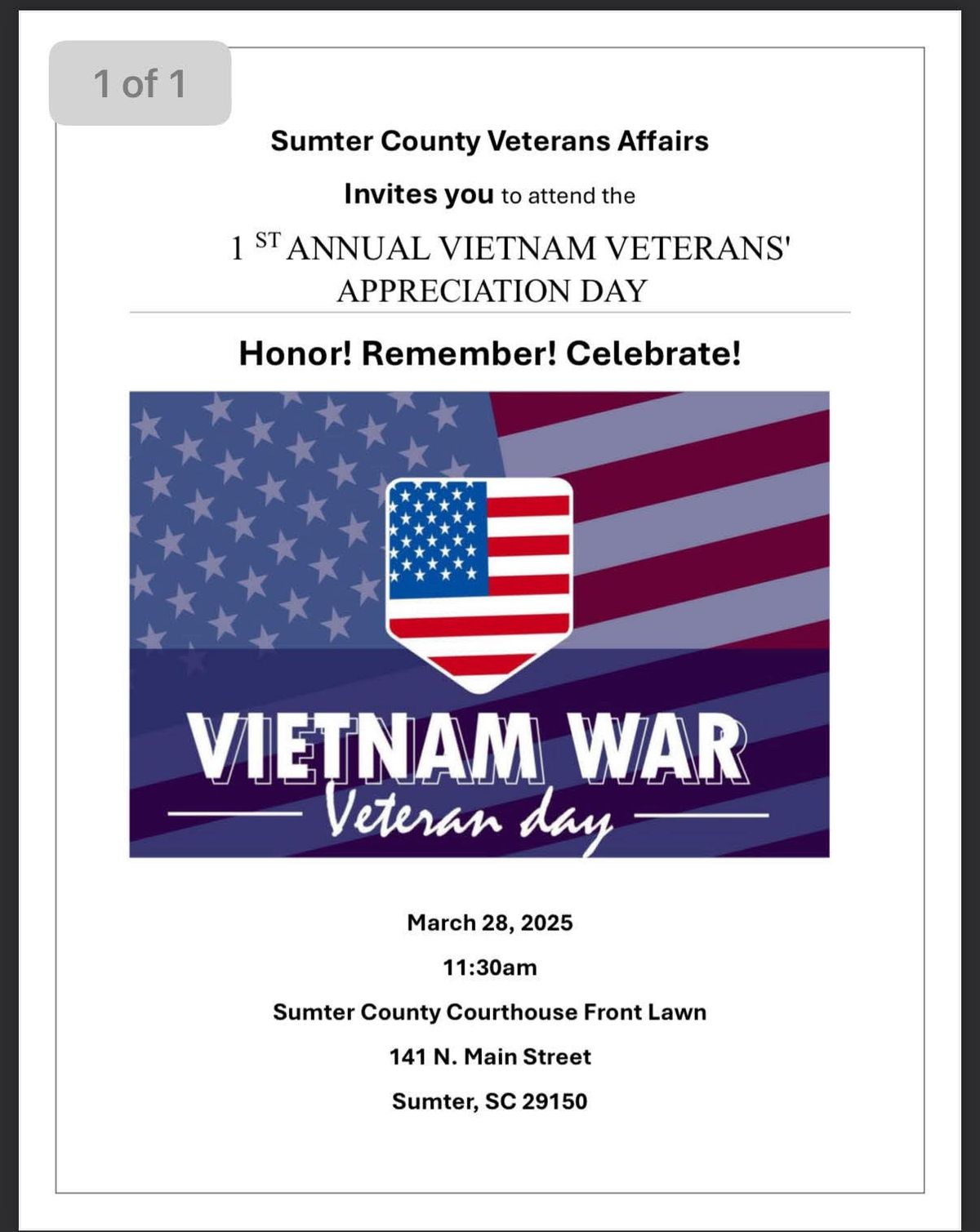 1st Annual Vietnam Veterans' Appreciation Day | Hosted by Sumter County Veterans Affairs