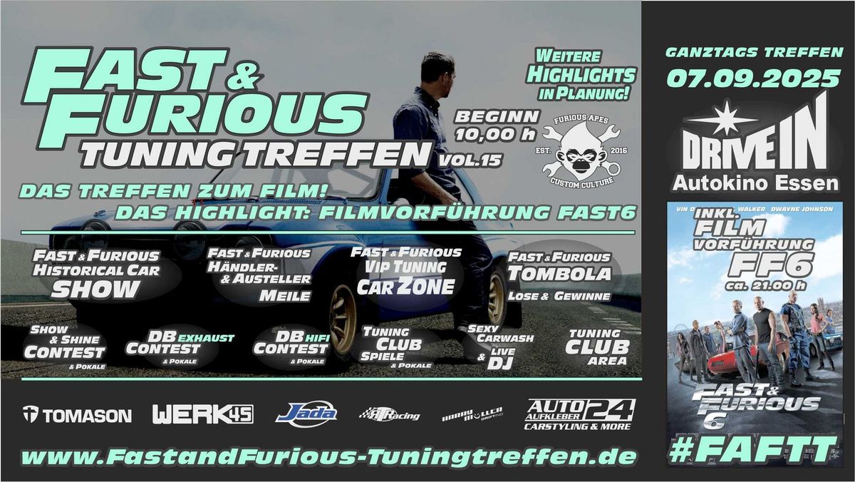 Fast & Furious Tuning Treffen VOL.15 - markenoffen & Filmvorf\u00fchrung FF6 im Autokino Essen 07.09.2025