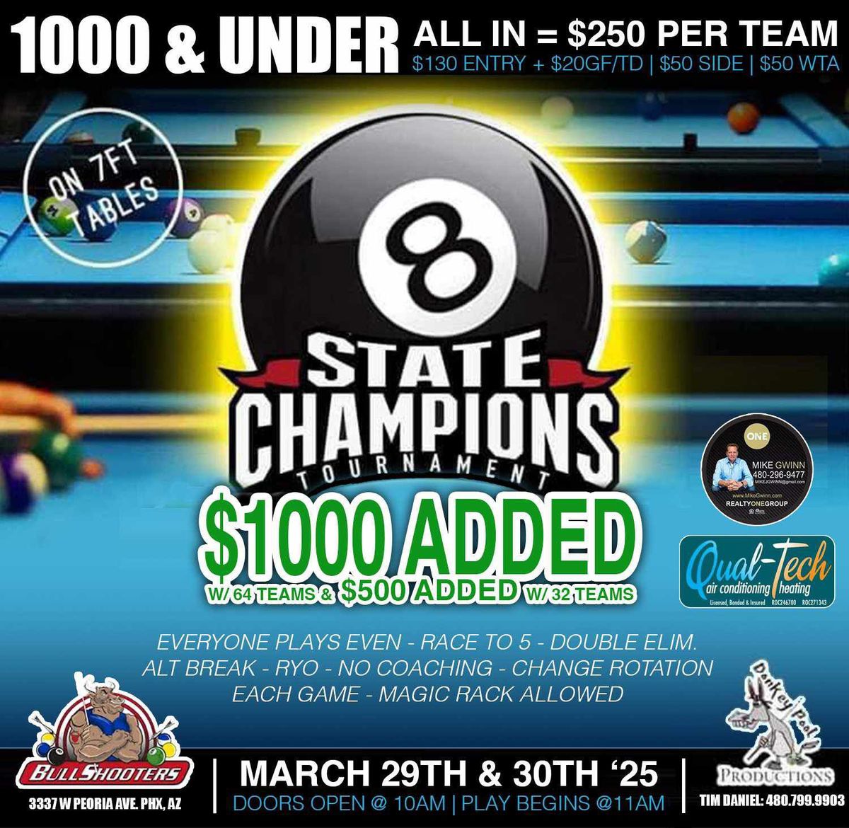 1000 & Under Scotch Doubles 8 Ball State Champions event @ Bull Shooters 