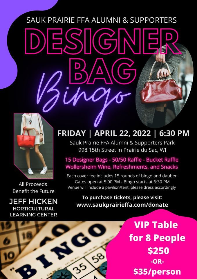 Designer Bag Bingo, Sauk Prairie FFA Alumni Park, Prairie Du Sac, 22