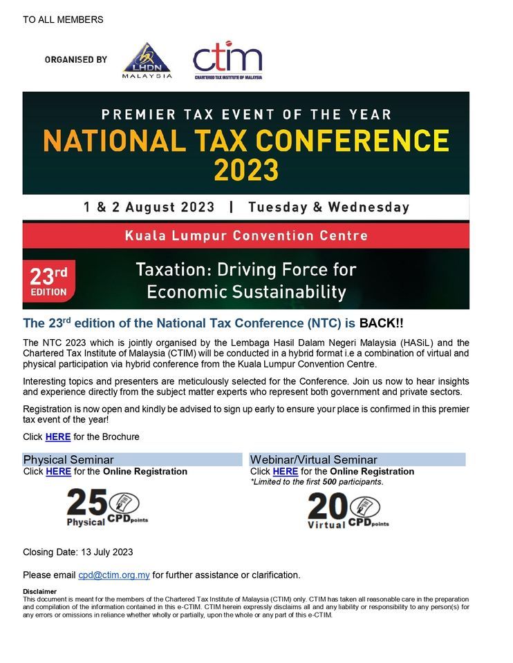 National Tax Conference 2023, Kuala Lumpur Convention Centre, 1 August 2023