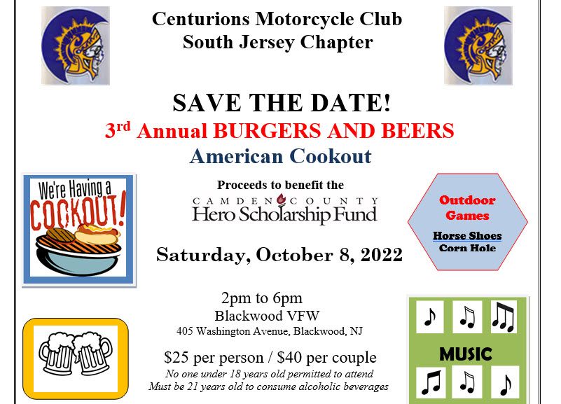 Centurions Motorcycle Club 3rd Annual BURGERS AND BEERS American Cookout!