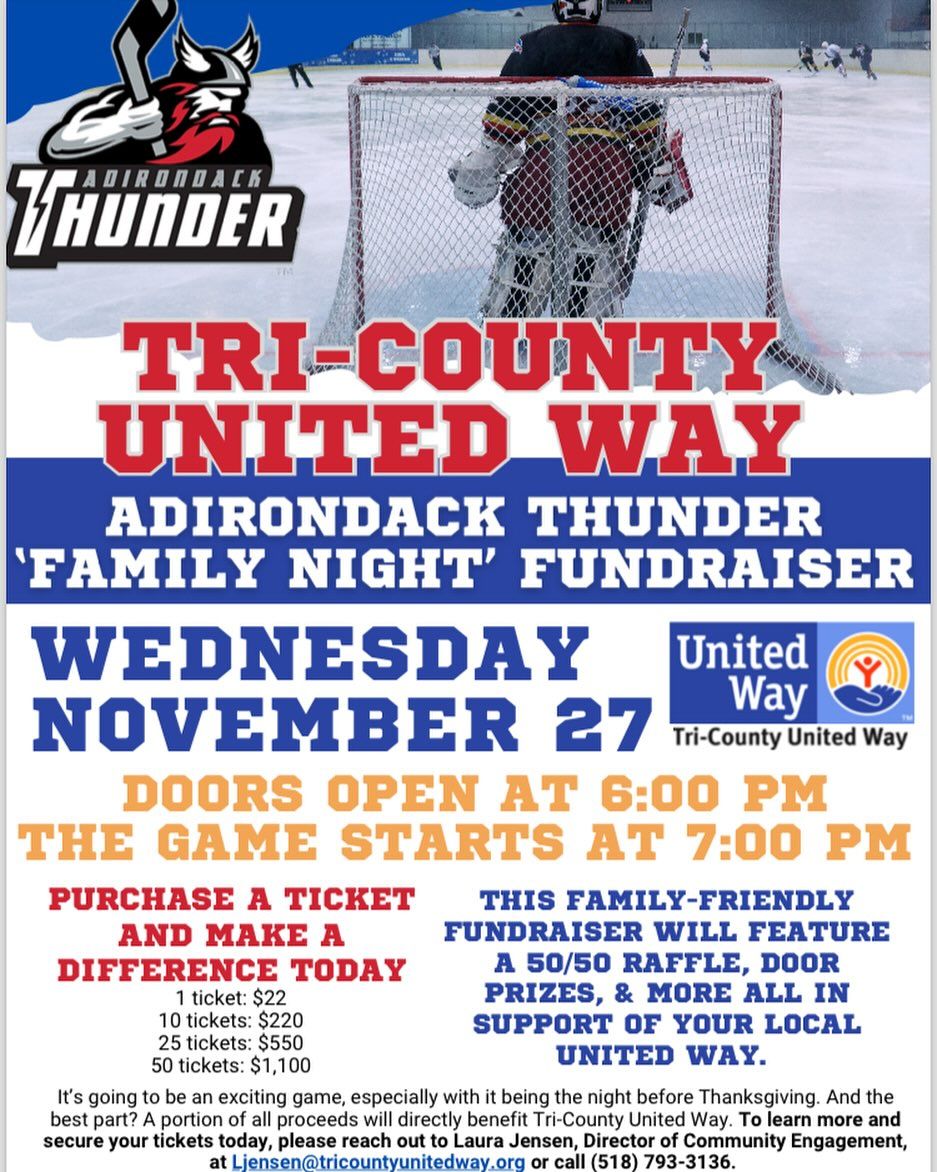 Hockey Night Supporting Tri-County United Way & Adirondack Thunder