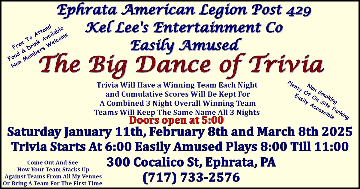 The Big Dance of Trivia, A 3 Night Trivia and Music Event at Ephrata American Legion 