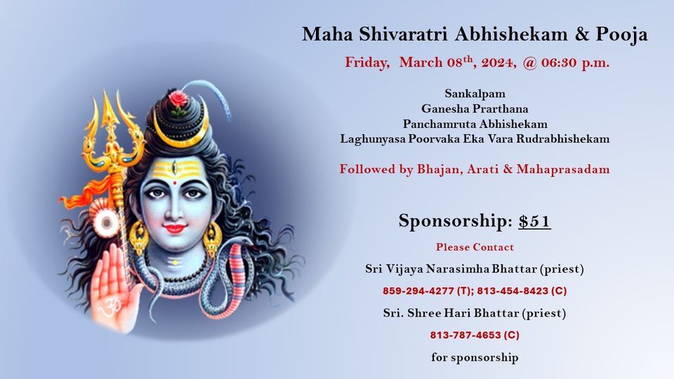 Maga Shivaratri Abhisheka and Puja on 3/8/24 at 630pm, 3050 N