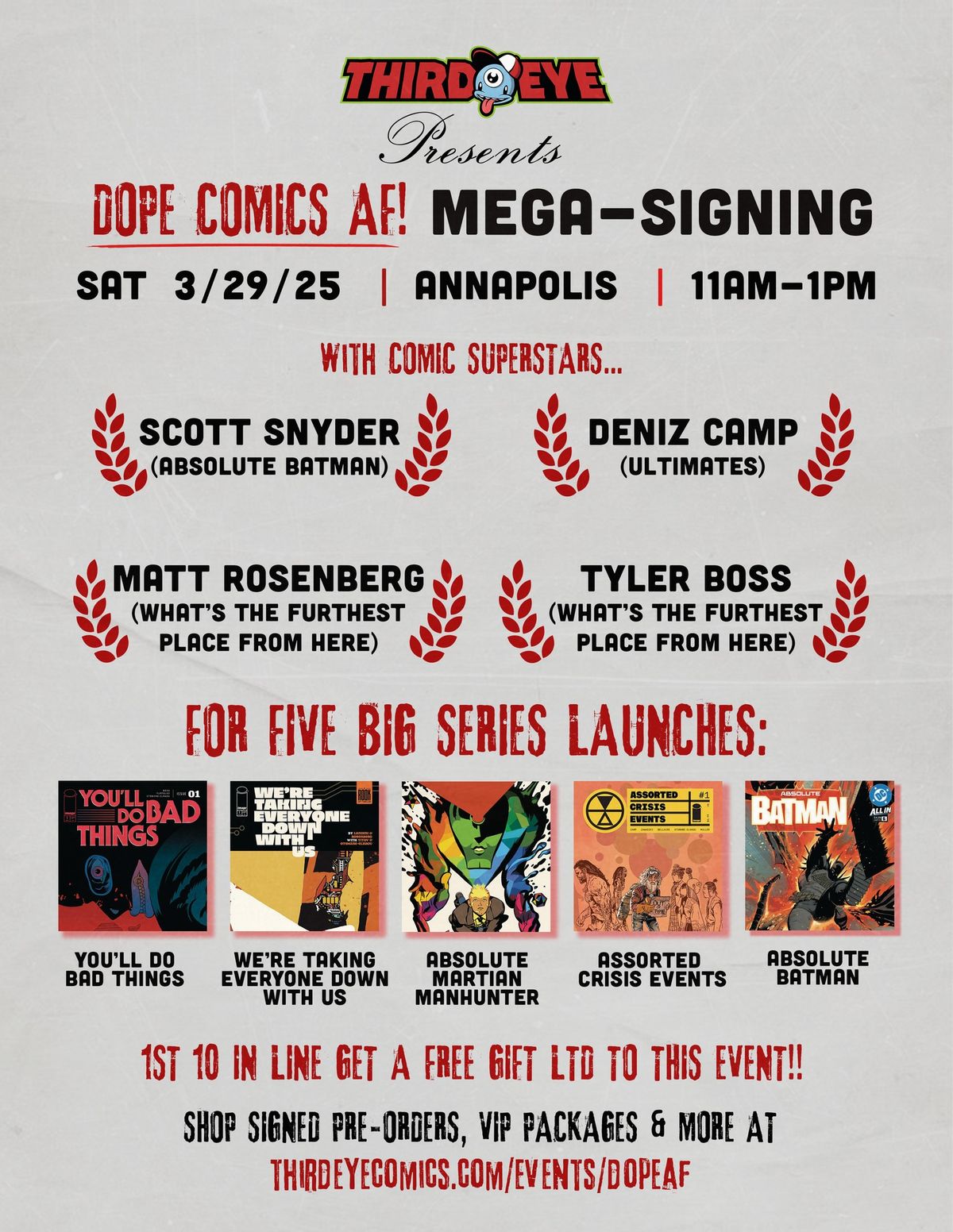 SAT 3\/29\/25: DOPE COMICS AF! Mega-Signing Featuring SCOTT SNYDER, DENIZ CAMP, MATT ROSENBERG, and TY