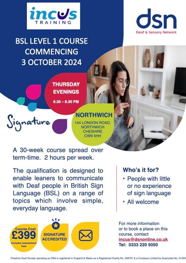 BSL Level 1 Course: Northwich Thursday Evenings