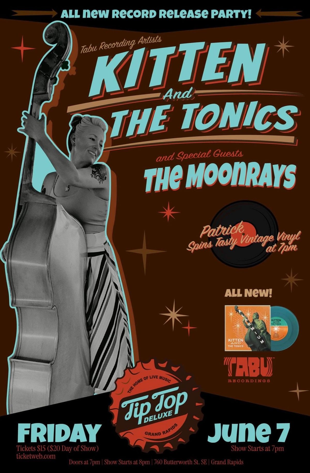 Kitten & The Tonics Record Release Party with The Moonrays and Patrick Spinning Vintage Vinyl