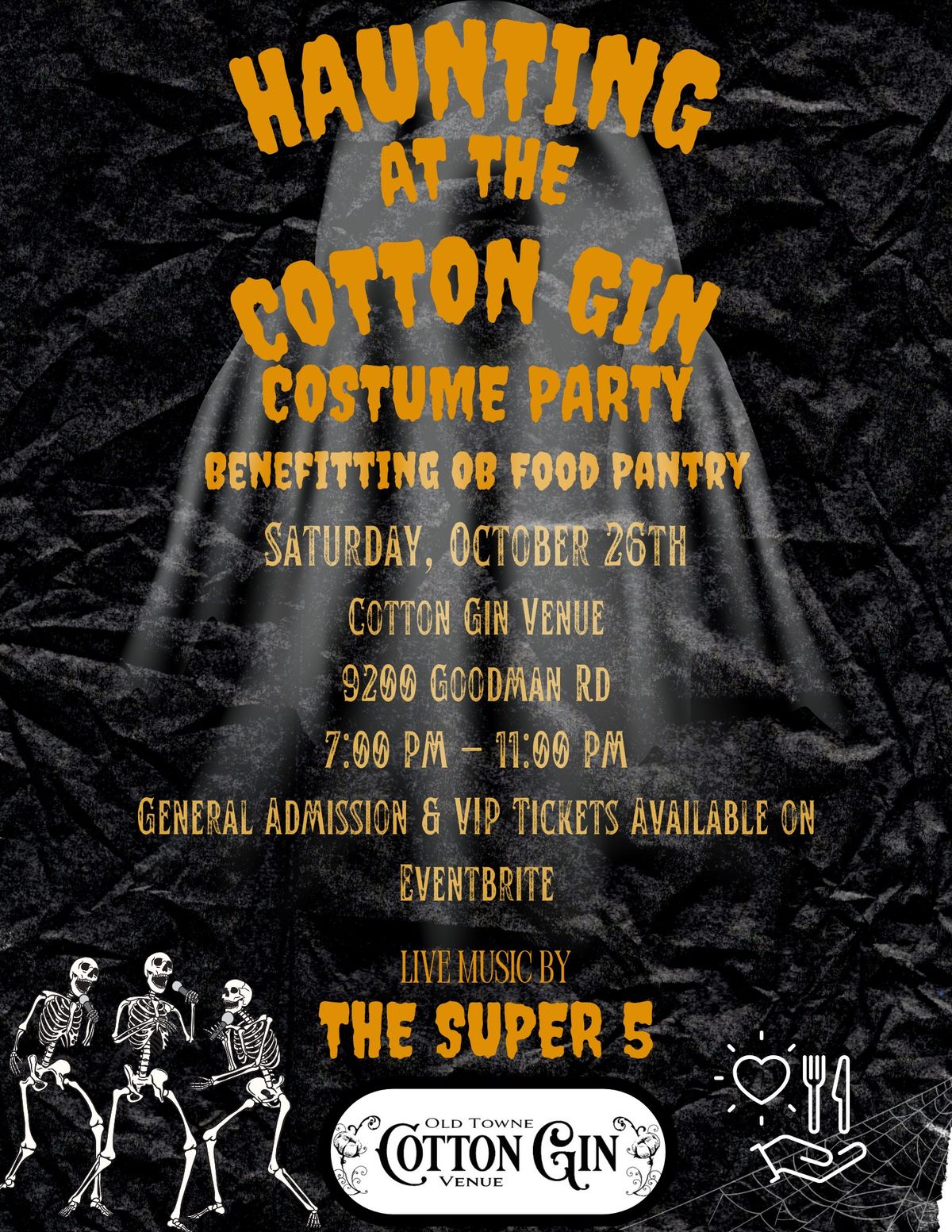 HAUNTING AT THE COTTON GIN: Costume Party & Food Drive