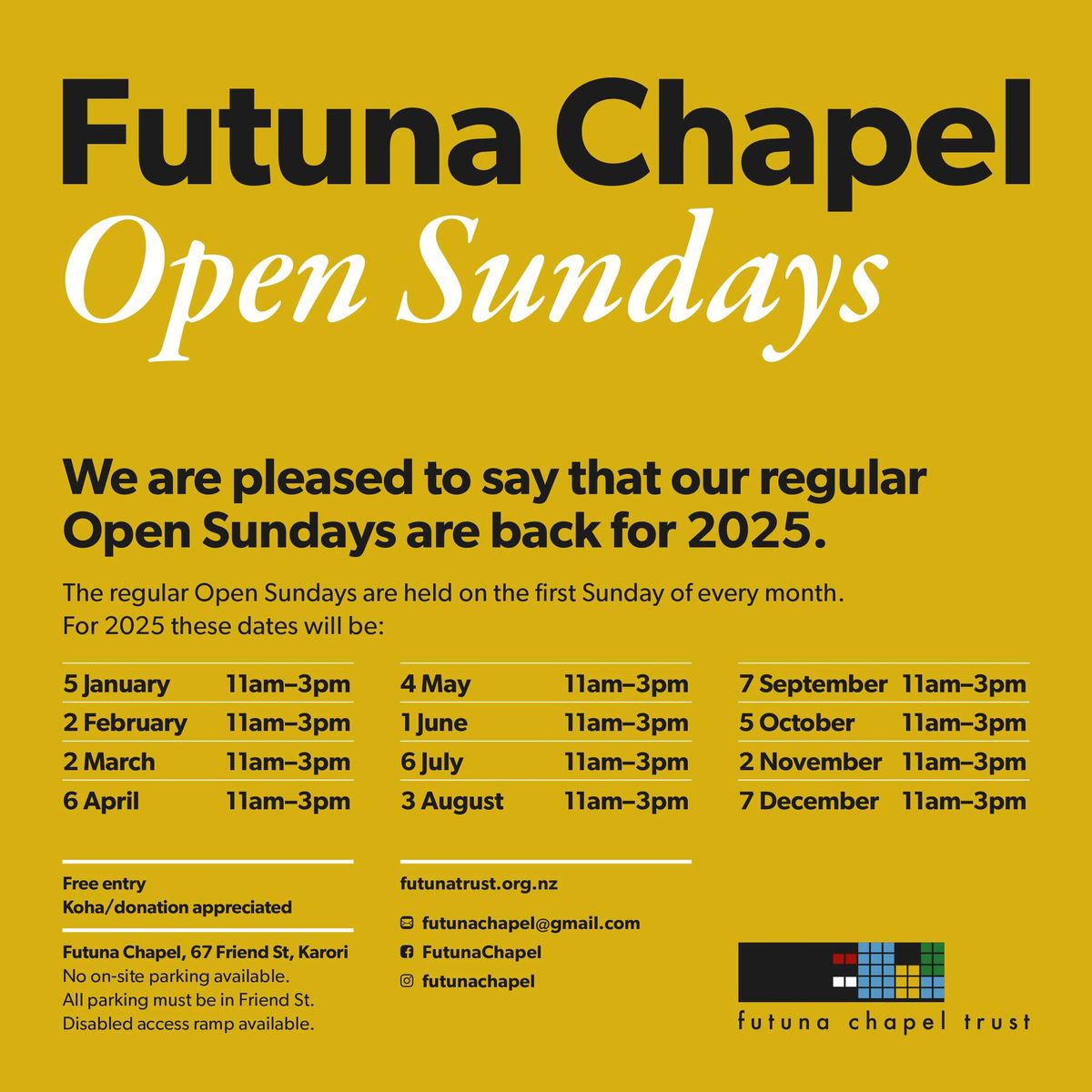 Futuna Chapel Open Sundays