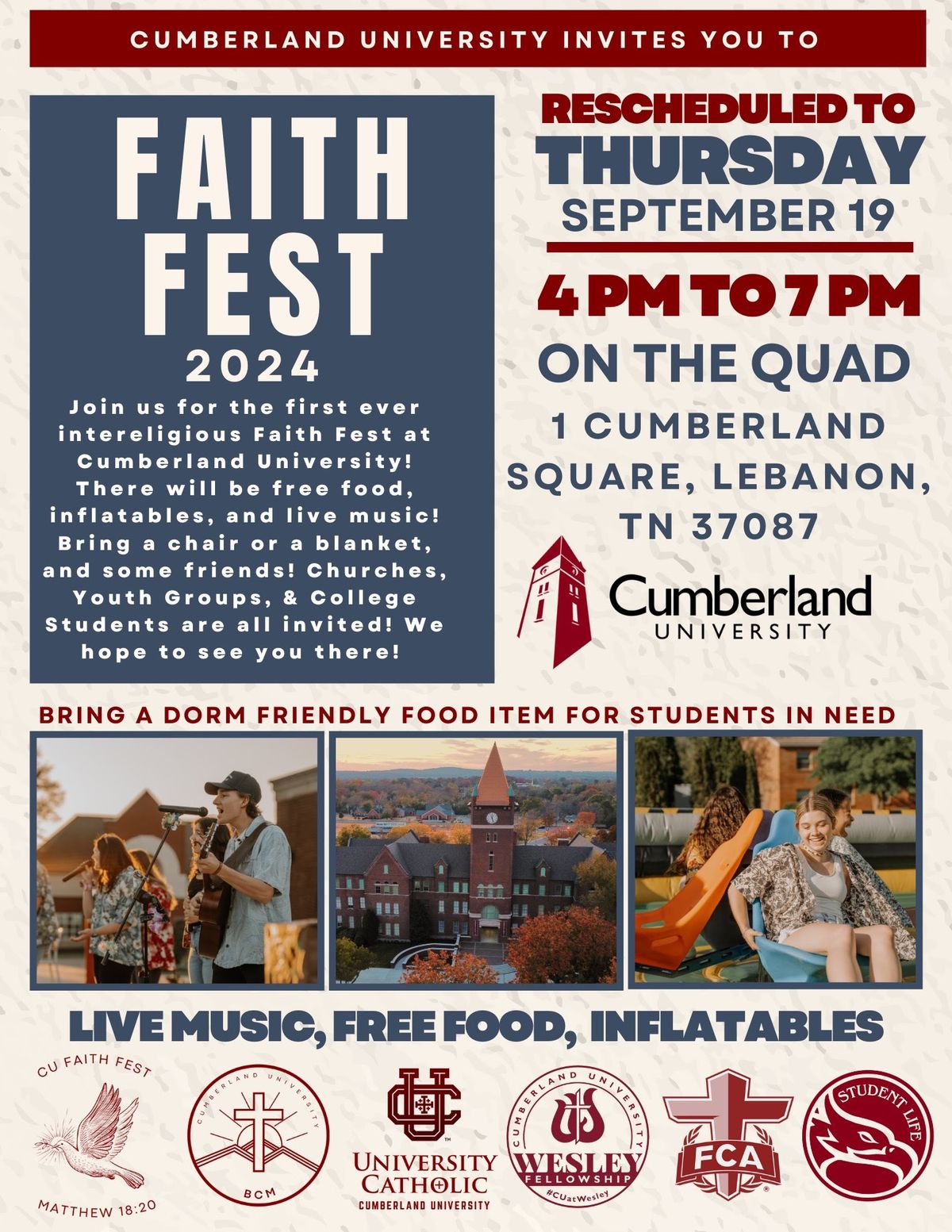 Faith Fest at Cumberland University: FREE MUSIC, INFLATABLES & FOOD