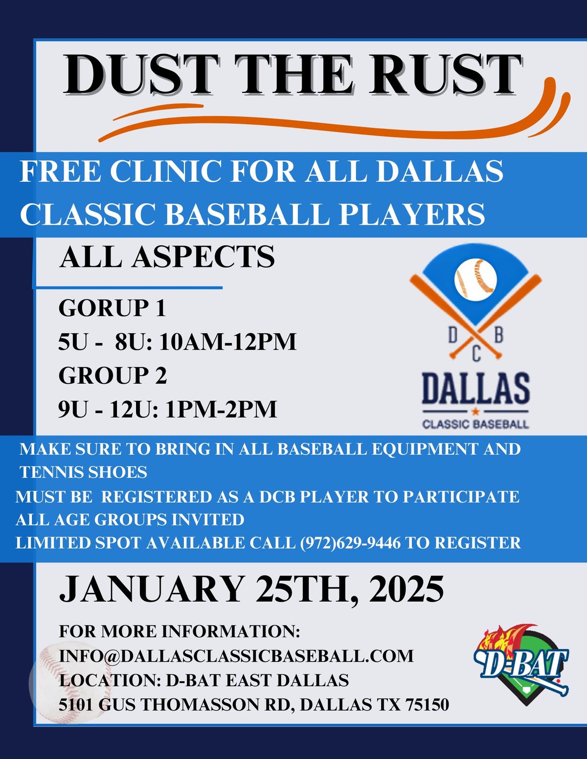 Dust The Rust Free Players Clinic - REGISTER NOW TO BE ABLE TO ATTEND 