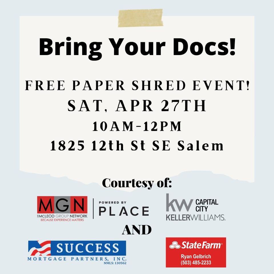 MGNs Annual FREE SHRED Day!, The McLeod Group Network, Salem, 27 April 2024