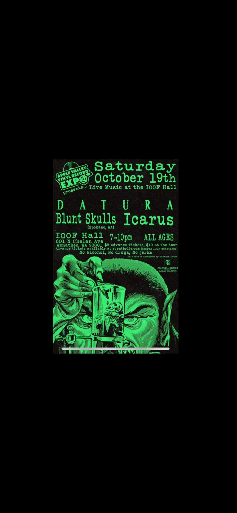 Live music (all ages welcome) at the IOOF Hall in Wenatchee featuring Datura, Blunt Skulls & Icarus