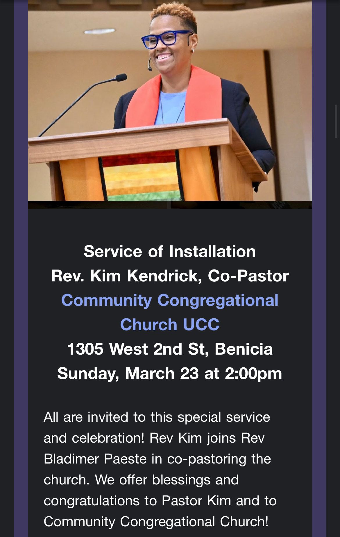 Service of Installation for Rev. Kim Kendrick