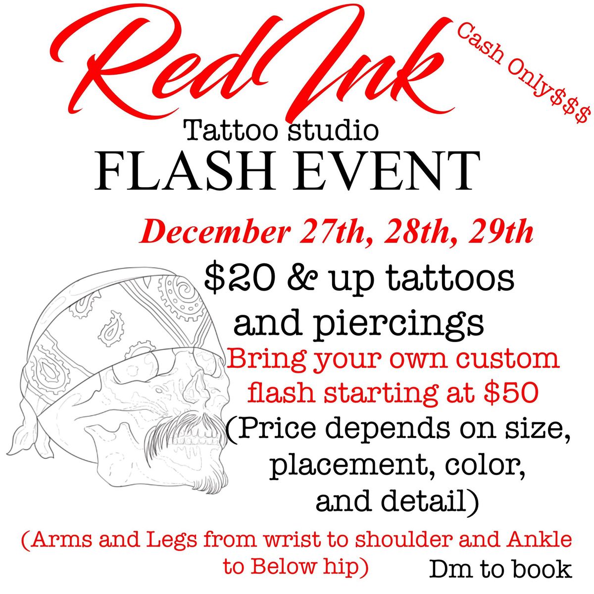 FLASH $20 $35 AND UP TATTOOS AND PIERCINGS DECEMBER 27TH 28TH AND 29TH!