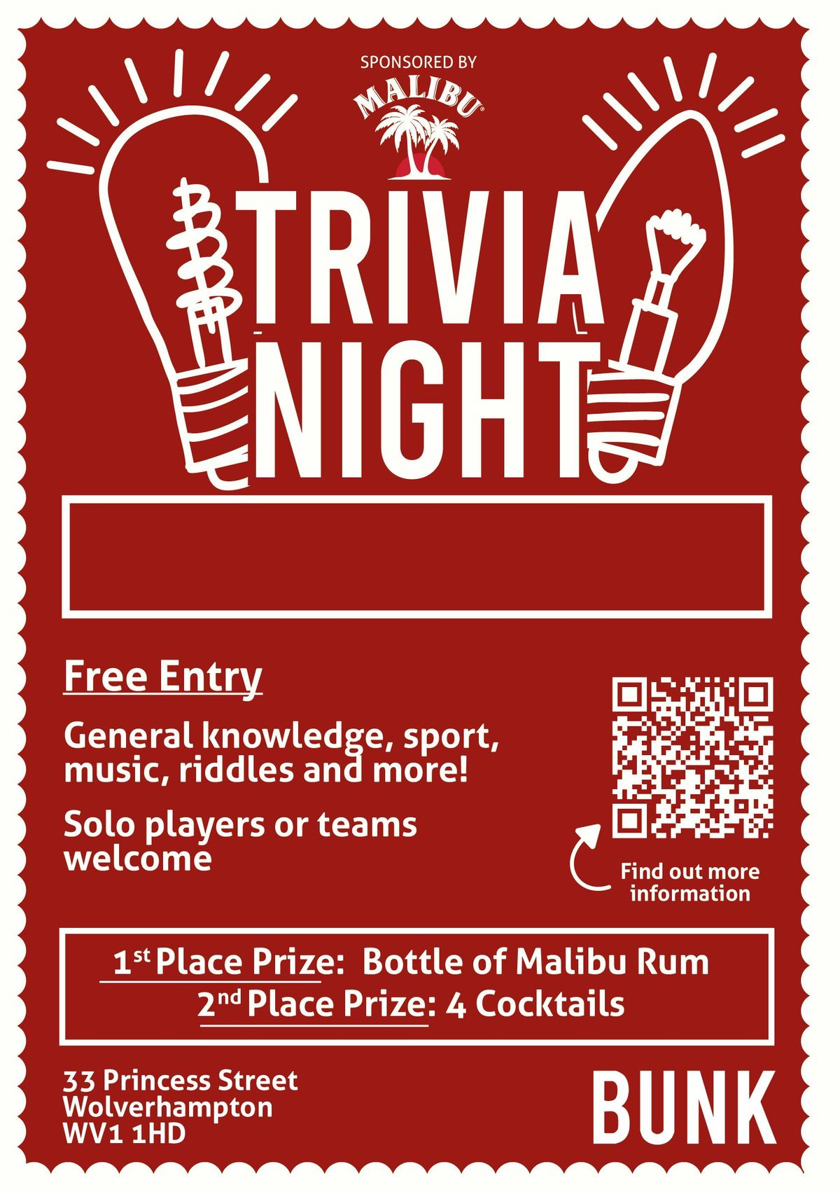 QUIZ NIGHT AT BUNK WOLVERHAMPTON!