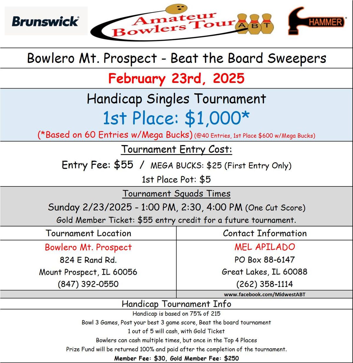 Bowlero Mt. Prospect, $1K, Feb 23 (Sun)