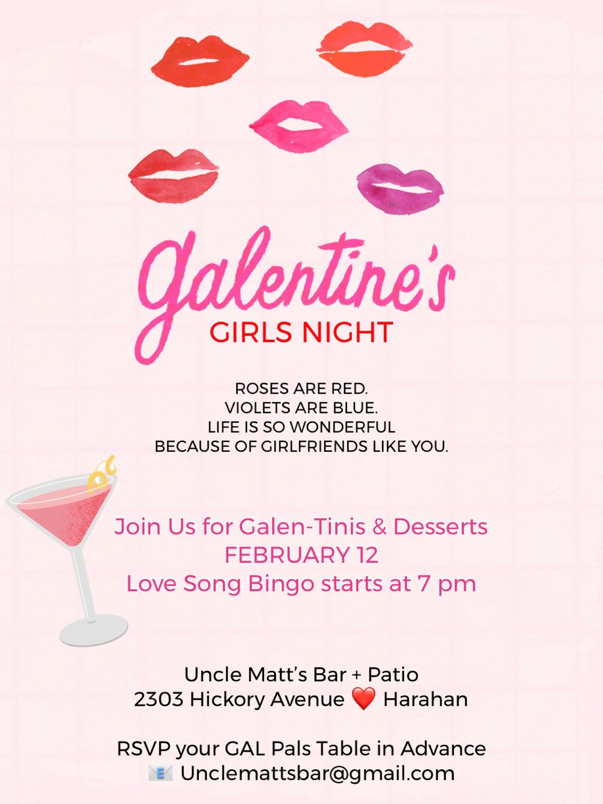 Galentines and Galen-Tinis \ud83d\udc97 Love Song Bingo at Uncle Matt's - Free to play!