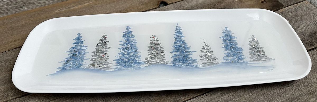 Winter Trees & Snow Crushed Glass & Resin Charcuterie Board Paint & Sip