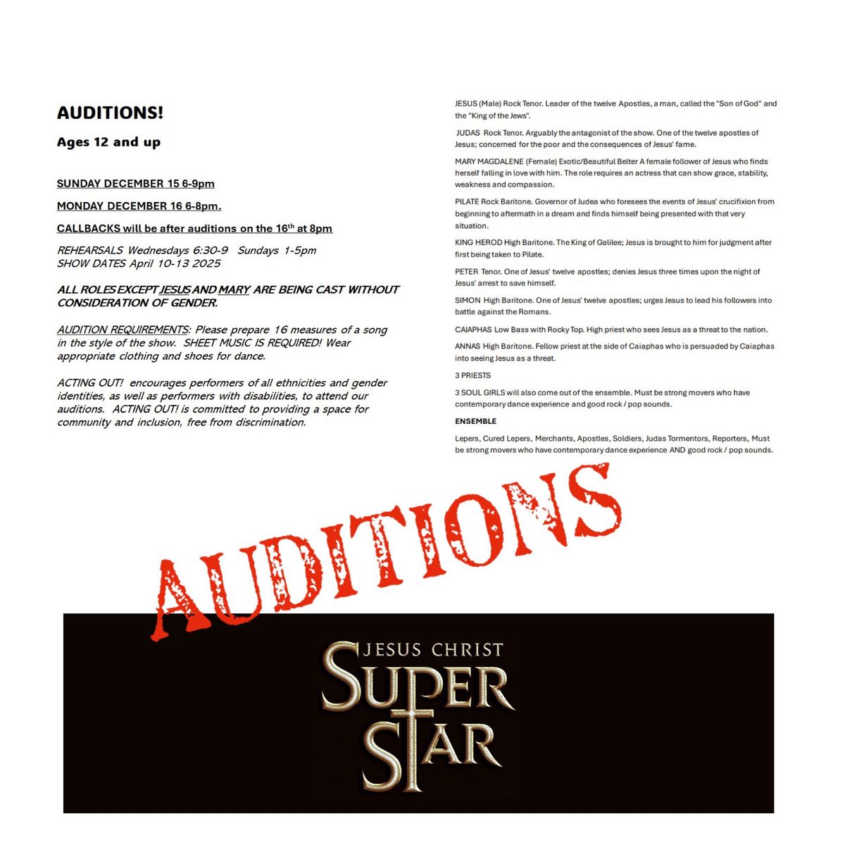 JESUS CHRIST SUPERSTAR - auditions: 12\/15, 12\/16 @ Acting Out! Theater Company 