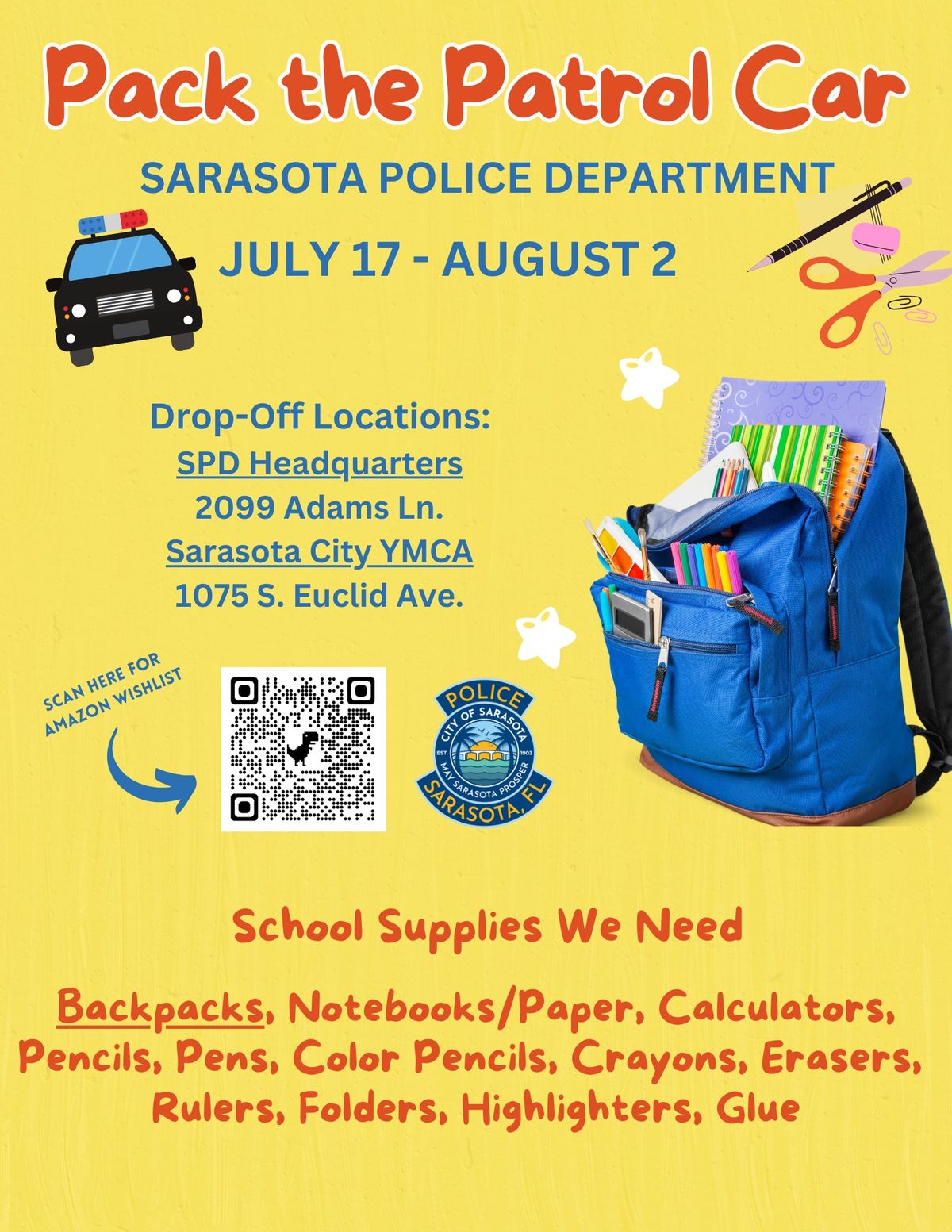 7th Annual SPD \u2018Pack the Patrol Car\u2019 School Supply Drive