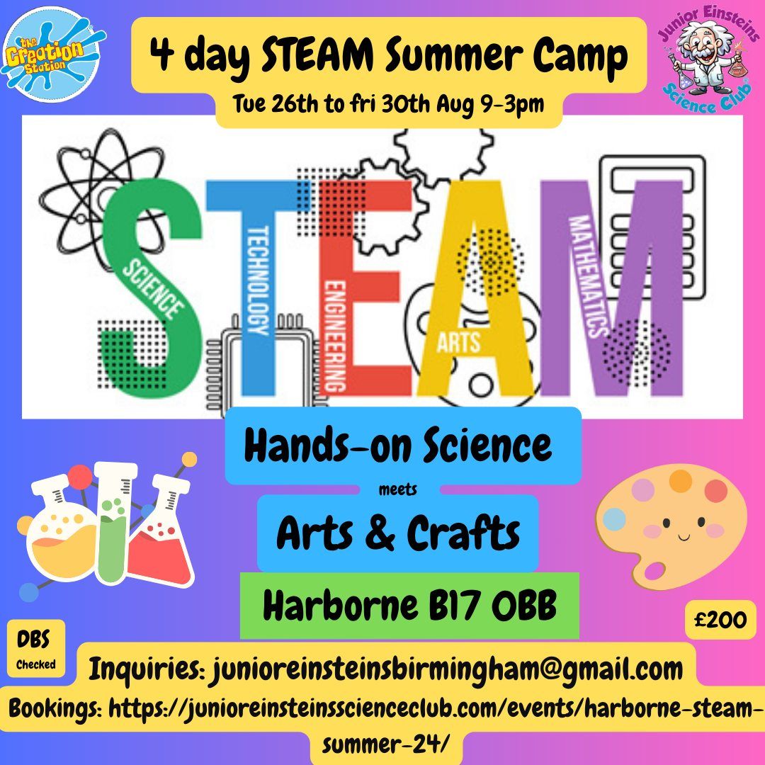 Summer kids holiday camp. Hands on Science meets Arts & Crafts! STEAM Extravaganza!