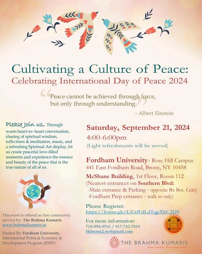 BRAHMA KUMARIS INVITATION - INTERNATIONAL DAY OF PEACE CELEBRATION-FORDHAM UNIVERSITY, BRONX, NY