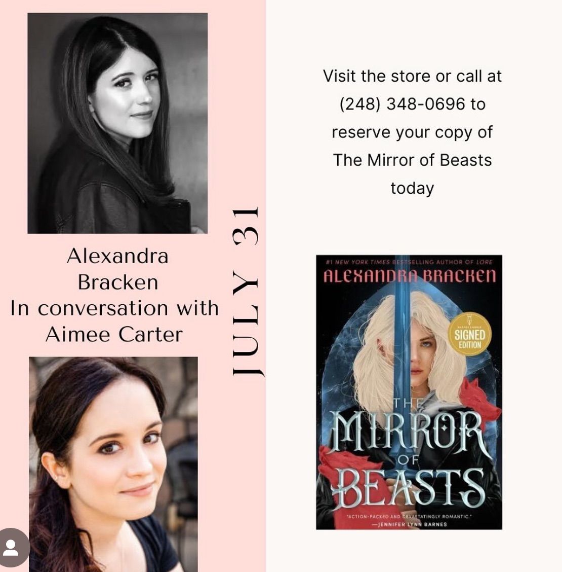 Alexandra Bracken Book Signing. In Conversation with Aim\u00e9e Carter