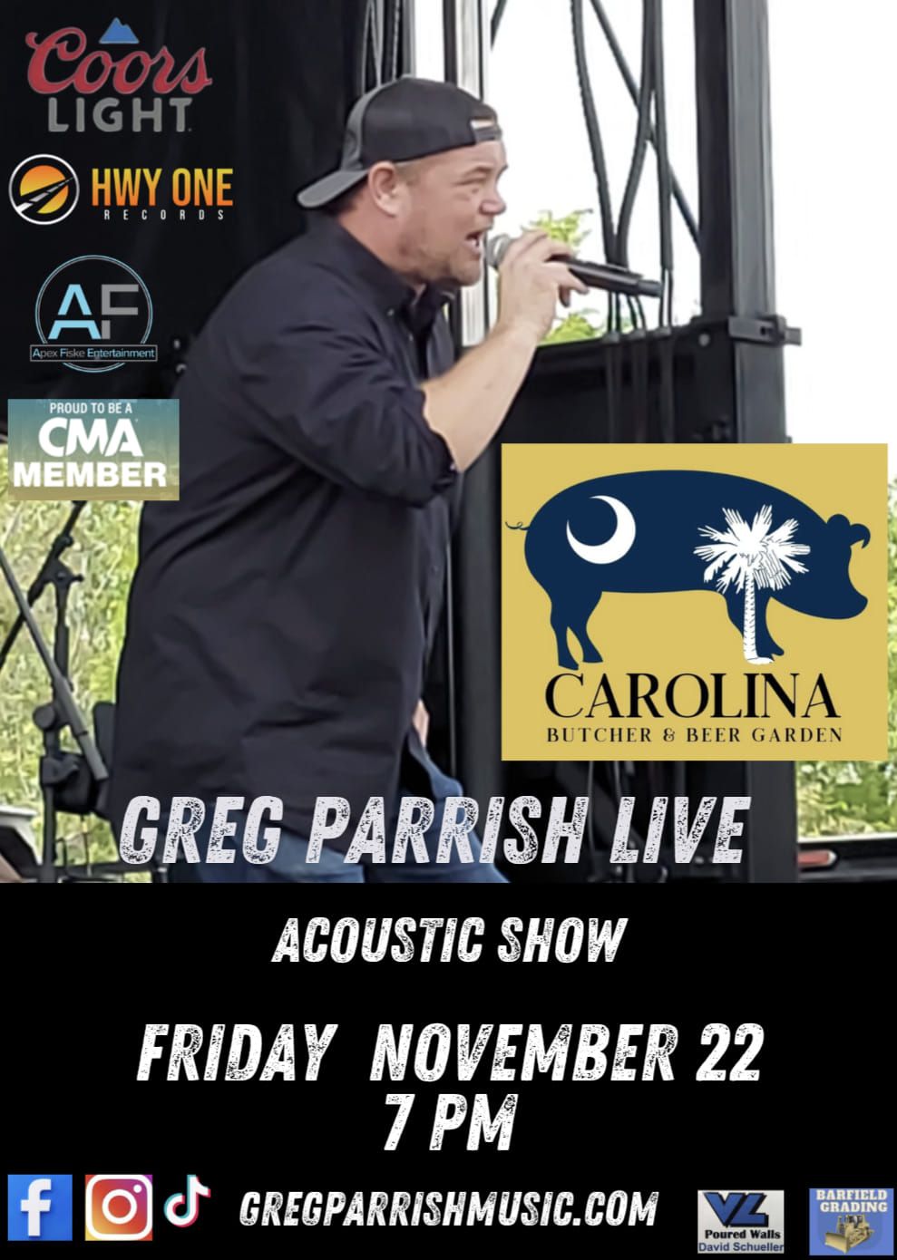 Greg Parrish acoustic at Carolina Butcher & Beer Garden! Presented by Coors Light & Hwy One Records