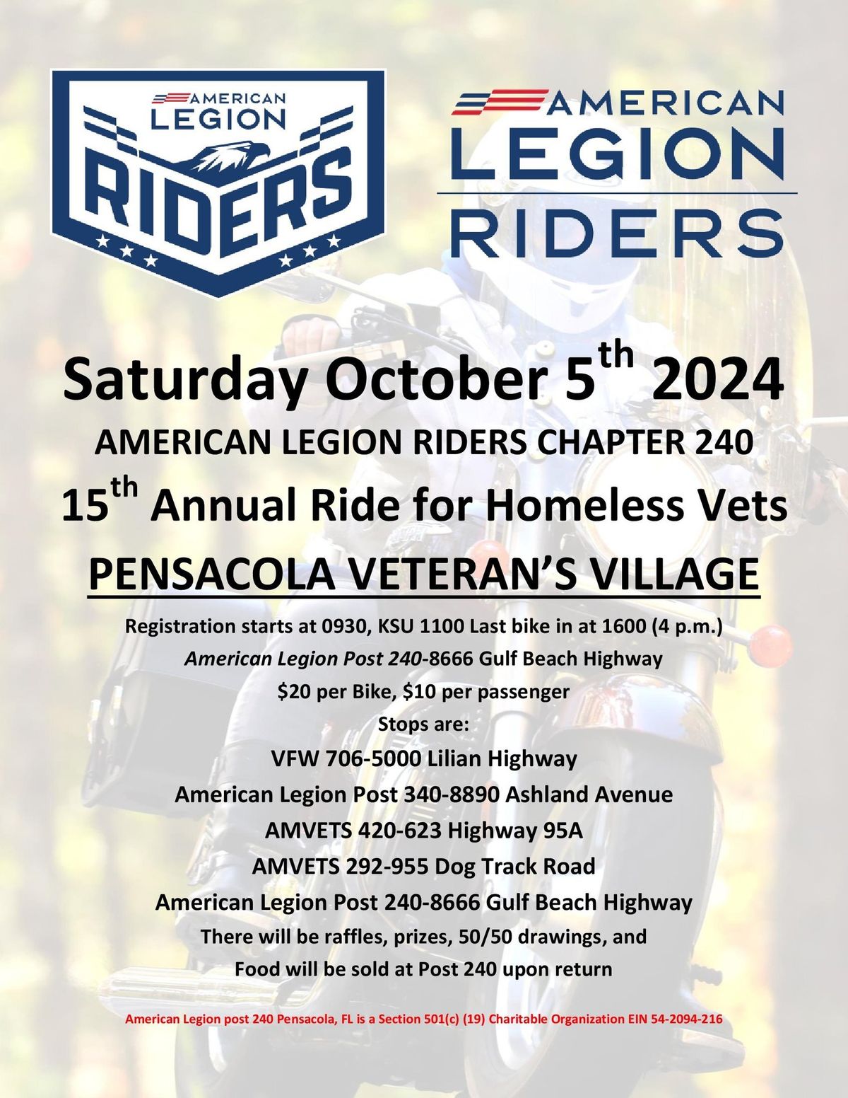 ALR 240's 15th annual homeless Veteran benefit ride.