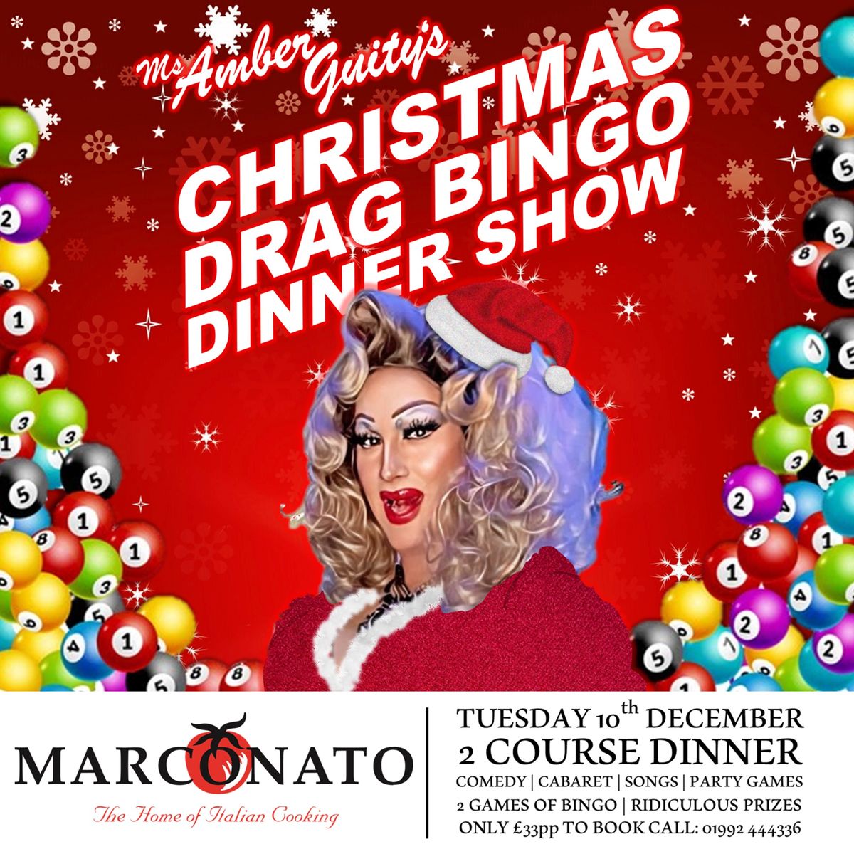 Ms Amber Guity\u2019s CHRISTMAS Drag Bingo Dinner Show @ Marconato, Hoddesdon - 10\/12\/24